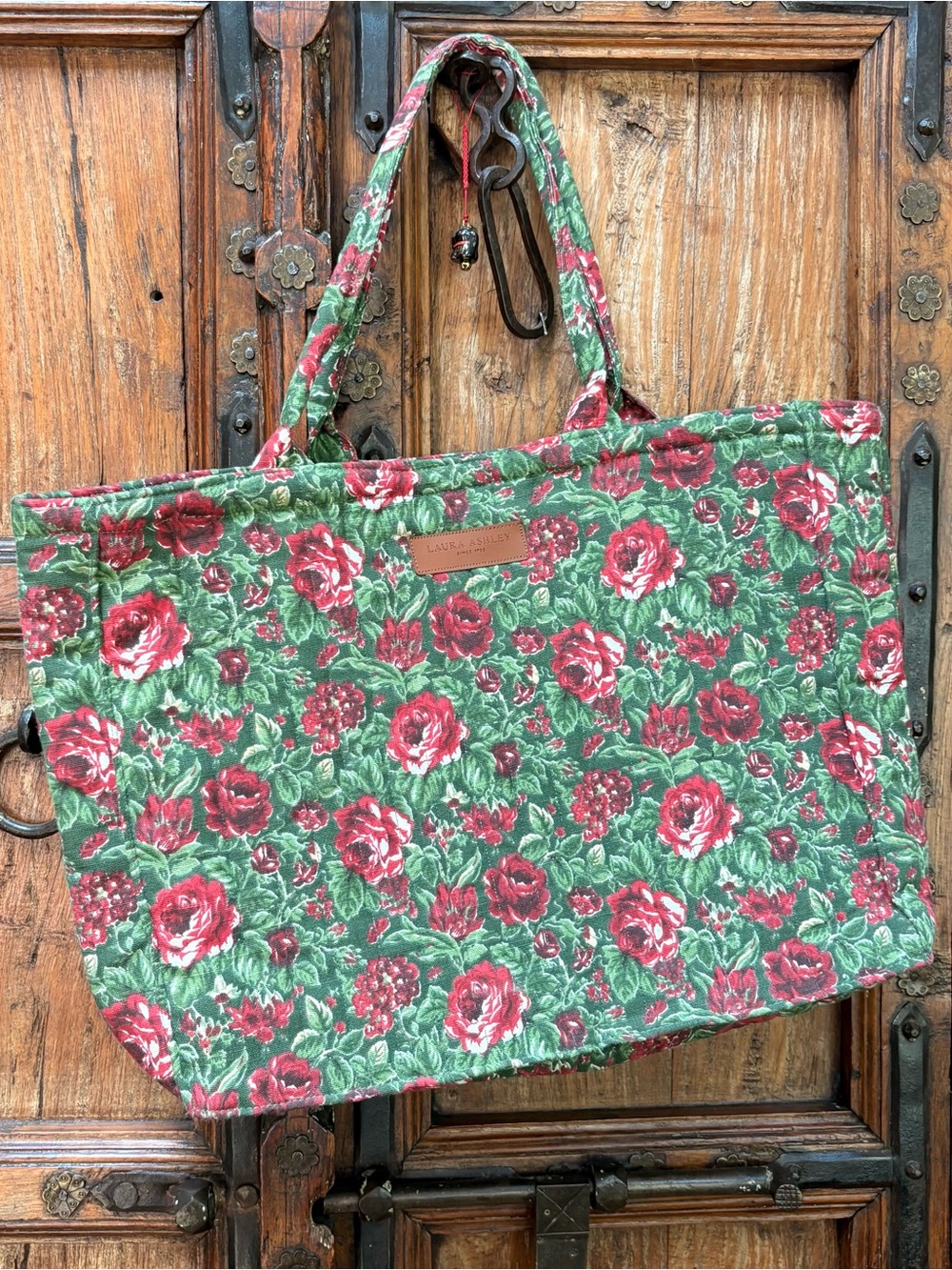 Laura Ashley Quilted Floral Tote Bag | Large Carryall | Green & Red Rose Print